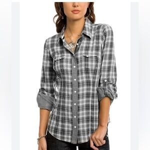 Women's Vintage Guess Western Pearl Snap Black White Blouse SM Embroidered Logo